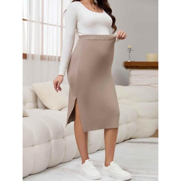 Women's Maternity Sweater Midi Skirt Side Split Stretchy High Waist Bodycon - Picture 2 of 7